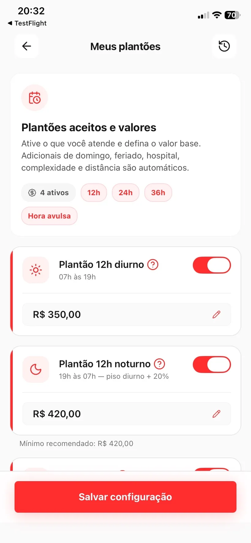 Tela do app onde o profissional define os valores de cada plantão